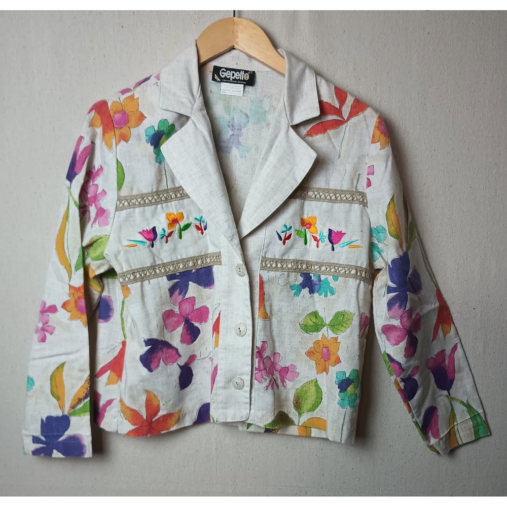 Gepetto Floral Embroidered Linen Jacket Granny Core Spring Blazer Petite MediumK